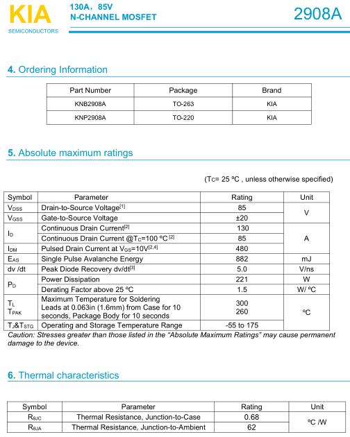 KNX2908A,130A/ 85V,MOS管