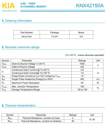 開關電源MOS管,KNX42150A,2.8A/1500V