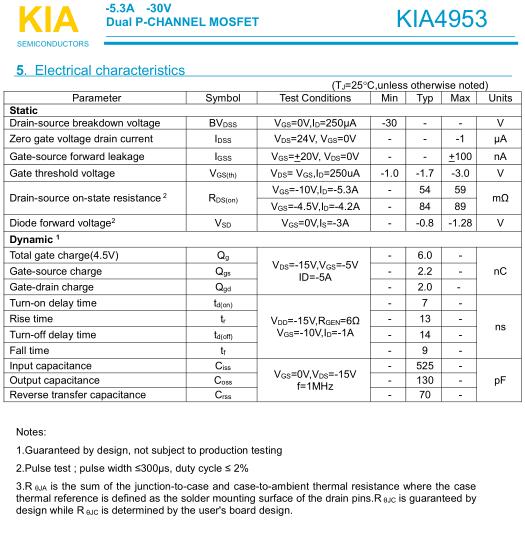 PFC電路碳化硅二極管，KIA4953,-5.3A/-30V