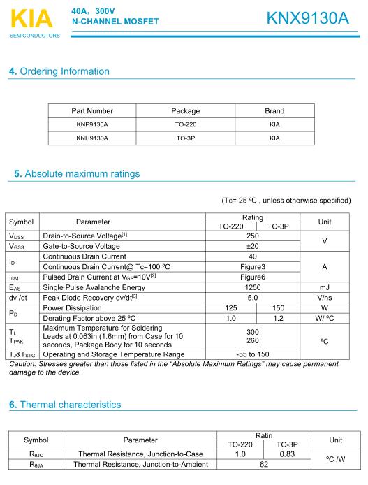 電動(dòng)推桿MOS管,KNX9130A,40A/300V