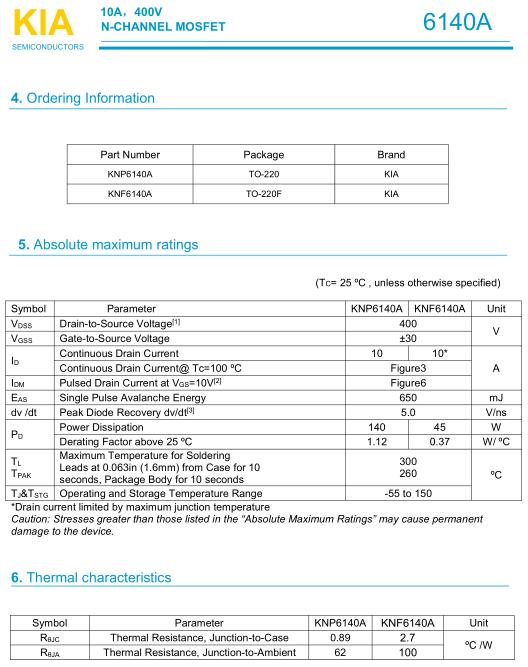 MOS管,KNP6140A,10A/400V