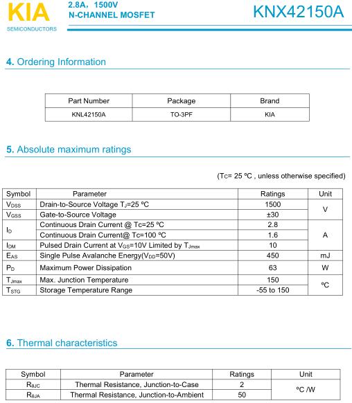 變頻器MOS管,KNX42150A,2.8A/ 1500V