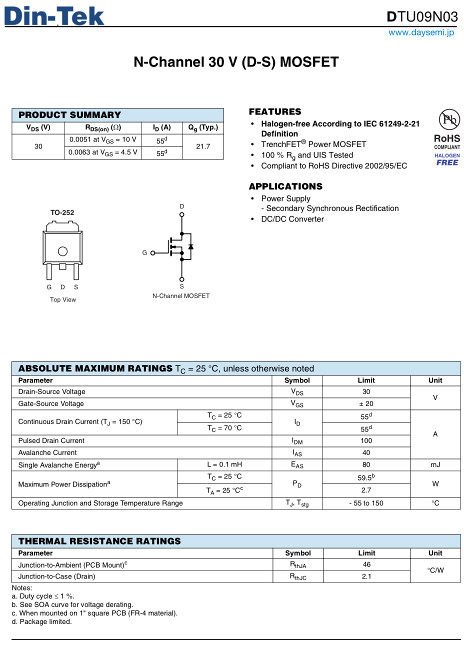 KIA50N03A,DTU09N03替代,55A/30V