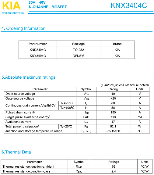 3404,MOS管KNX3404C,80A/40V