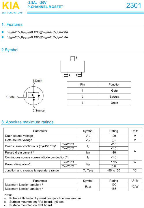 MOS管,KIA2301,-2.8A/-20V